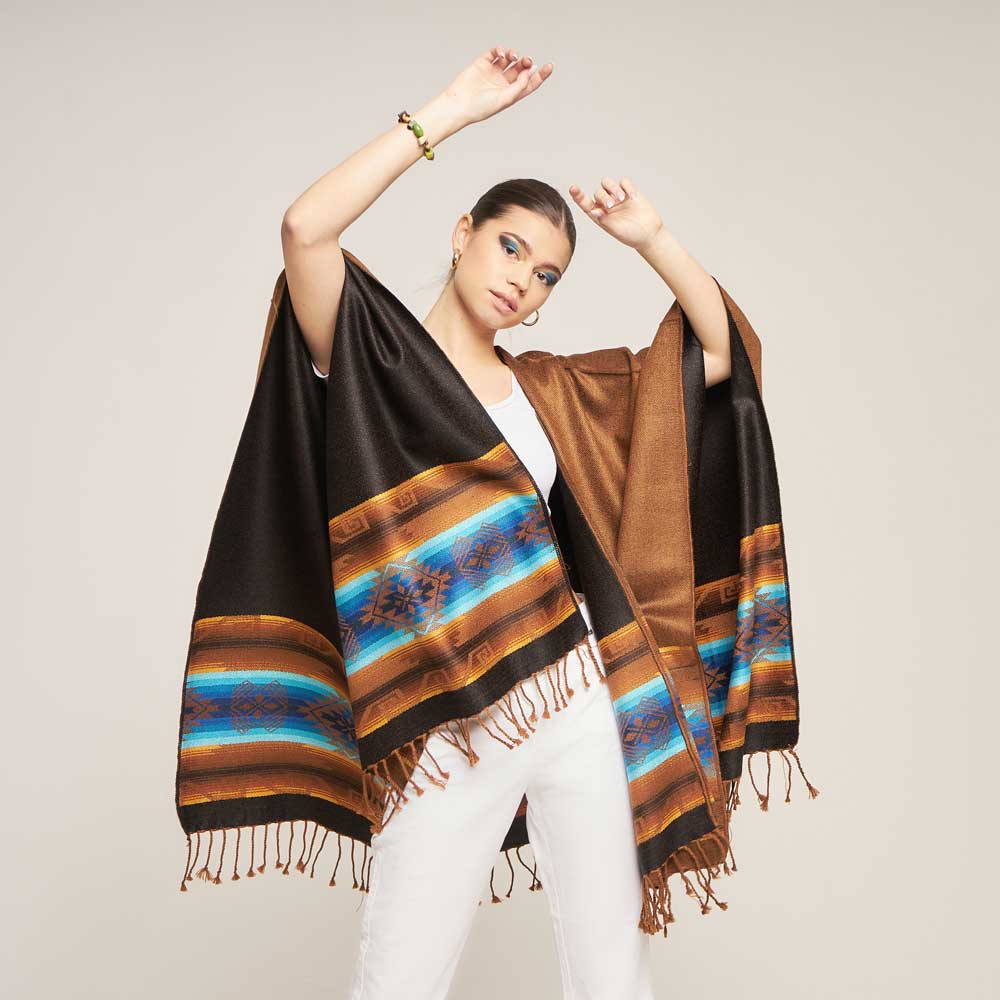 Cape Brown für Damen, Poncho für Damen braun, Festivaljacke aus Baumwolle, Country Fashion